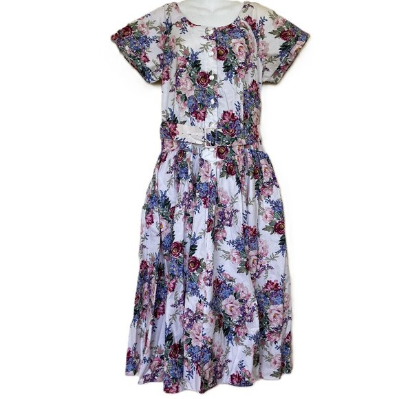 Cannes Collection Floral Maxi Dress w/ Belt Short Sleeves Drop Waist Vintage 90s - Picture 1 of 13